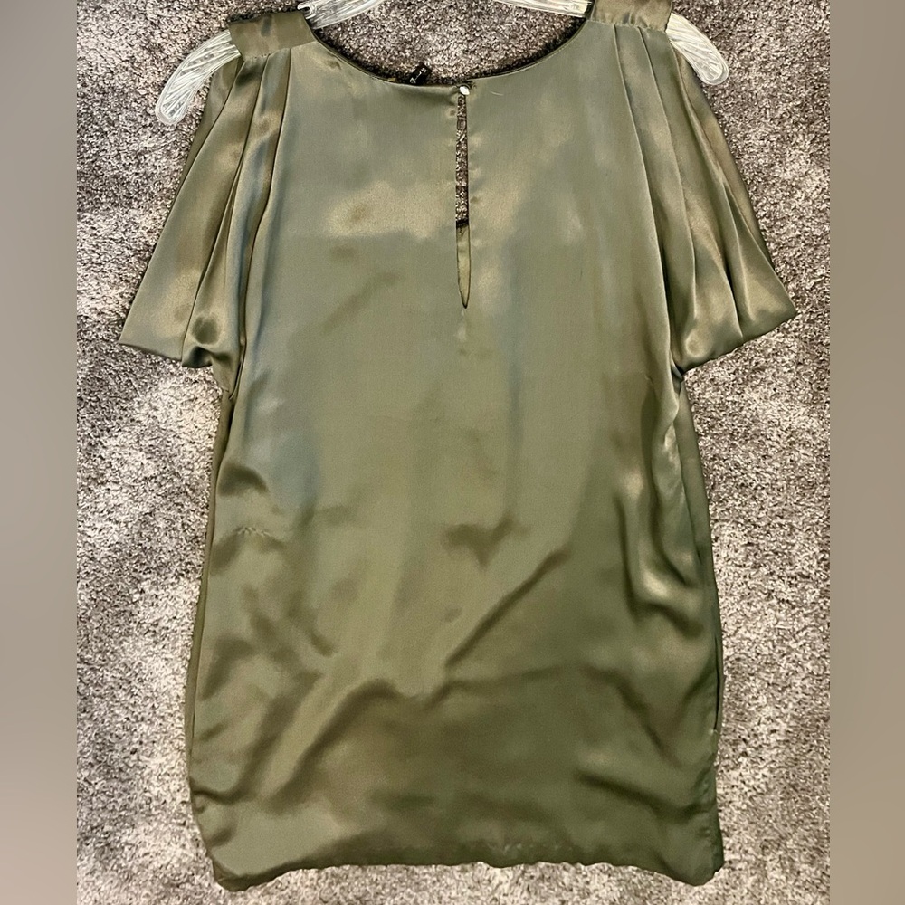 Pocketed 100% Silk Green Capsule Mini Dress Swarovski Crystal Back-Button